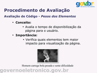 Procedimento de Avaliação
 Avaliação de Código - Pesos dos Elementos
     
         Conceito:
             
               Avalia o tempo de disponibilização da
               página para o usuário.
     
         Importância:
            
              Verifica quais elementos tem maior
              impacto para visualização da página.




             Homem carrega bola pesada e sente dificuldade

governoeletronico.gov.br
 