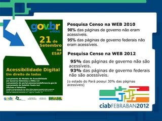 Pesquisa Censo na WEB 2010
98% das páginas de governo não eram
acessíveis.
95% das páginas de governo federais não
eram acessíveis.

Pesquisa Censo na WEB 2012
  95% das páginas de governo não são
 acessíveis.
  93% das páginas de governo federais
 não são acessíveis.
(o estado do Pará possui 30% das páginas
acessíveis)
 
