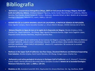 

Batimetría y características hidrográficas (Mayo, 2007) en lasCuencas de Consag y Wagner, Norte del
Golfo de California, México. Viridiana Vázquez-Figueroa, Carles Canet, Rosa María Prol-Ledesma, Alberto
Sánchez, Paul Dando, Antoni Camprubí, Carlos J. Robinson, Gerardo Hiriart Le Bert. Boletín de la Sociedad
Geológica Mexicana. Volumen 61, núm1, 2009 p. 119-127.



GEOMETRÍA DE LA CUENTA WAGNER, GOLFO DE CALIFORNIA, A PARTIR DE SÍSMICA DE REFLEXIÓN.
César Aguilar Campos, Mario González Escobar y J. Arturo Martín-Barajas. CICESE-Ciencias de la Tierra.



Metano Disuelto en Agua de mar en la región de la Depresión de Wagner. Nicolás Grijalva y Ortíz ,
Charles Cox , David Valentine, Xin Zhang, Edgar Agustín Mastache Román, Edgar Jesús Sagahón López,
Alejandra Ixchel Sánchez Martínez, Alejandra Sánchez Rios .



Estudio Mineralógico de los Sedimentos de las Cuencas de Wagner y Consag, Golfo de California (México)
ELISABET BIROSTA, CARLES CANET, ESPERANÇA TAULER, PURA ALFONSO, ROSA MARÍA PROLLEDESMA,
ANTONI CAMPRUBÍ , JOAN CARLES MELGAREJO . Macla nº 9. septiembre ’08 revista de la sociedad
española de mineralogía.



Methane in the Upper Gulf of California: Sea Floor Seeps, Dissolved Methane and Methane Evaporating
from Solution. Nicolás Grijalva, Karel Castro Morales, Xin Zhang, Eulogio Lopez, Charles Cox.



Bathymetry and active geological structures in theUpper Gulf of California Luis G. Alvarez1*, Francisco
Suárez-Vidal2, Ramón Mendoza-Borunda2,Mario González-Escobar3. Boletín de la Sociedad Geológica
Mexicana Volumen 61, núm. 1, 2009 p. 129-141.



Modelos en 3D, Autodesk AutoCAD 2012, Raymundo Eric Amaro Martinez. Est. Ing. Geofisica. BUAP.

 