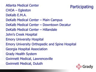 Participating Atlanta Medical Center CHOA – Egleston DeKalb E.M.A. DeKalb Medical Center – Main Campus DeKalb Medical Center – Downtown Decatur DeKalb Medical Center – Hillandale John’s Creek Hospital Emory University Hospital Emory University Orthopedic and Spine Hospital Georgia Hospital Association Grady Health System Gwinnett Medical, Lawrenceville Gwinnett Medical, Duluth 
