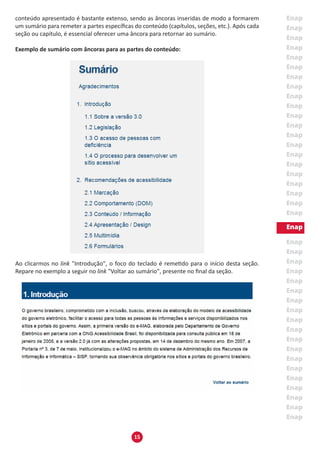 15
conteúdo apresentado é bastante extenso, sendo as âncoras inseridas de modo a formarem
um sumário para remeter a partes específicas do conteúdo (capítulos, seções, etc.). Após cada
seção ou capítulo, é essencial oferecer uma âncora para retornar ao sumário.
Exemplo de sumário com âncoras para as partes do conteúdo:
Ao clicarmos no link "Introdução", o foco do teclado é remetido para o início desta seção.
Repare no exemplo a seguir no link "Voltar ao sumário", presente no final da seção.
 