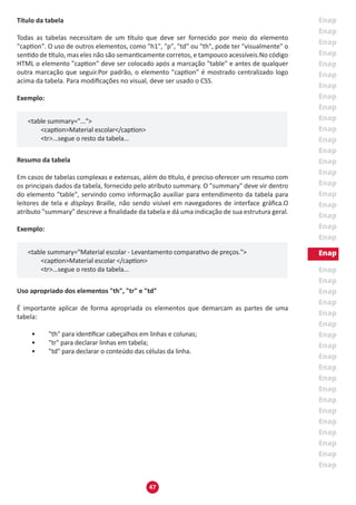47
Título da tabela
Todas as tabelas necessitam de um título que deve ser fornecido por meio do elemento
"caption". O uso de outros elementos, como "h1", "p", "td" ou "th", pode ter "visualmente" o
sentido de título, mas eles não são semanticamente corretos, e tampouco acessíveis.No código
HTML o elemento "caption" deve ser colocado após a marcação "table" e antes de qualquer
outra marcação que seguir.Por padrão, o elemento "caption" é mostrado centralizado logo
acima da tabela. Para modificações no visual, deve ser usado o CSS.
Exemplo:
<table summary="...">
	 <caption>Material escolar</caption>
	 <tr>...segue o resto da tabela...
Resumo da tabela
Em casos de tabelas complexas e extensas, além do título, é preciso oferecer um resumo com
os principais dados da tabela, fornecido pelo atributo summary. O "summary" deve vir dentro
do elemento "table", servindo como informação auxiliar para entendimento da tabela para
leitores de tela e displays Braille, não sendo visível em navegadores de interface gráfica.O
atributo "summary" descreve a finalidade da tabela e dá uma indicação de sua estrutura geral.
Exemplo:
<table summary="Material escolar - Levantamento comparativo de preços.">
	 <caption>Material escolar </caption>
	 <tr>...segue o resto da tabela...
Uso apropriado dos elementos "th", "tr" e "td"
É importante aplicar de forma apropriada os elementos que demarcam as partes de uma
tabela:
•	 "th" para identificar cabeçalhos em linhas e colunas;
•	 "tr" para declarar linhas em tabela;
•	 "td" para declarar o conteúdo das células da linha.
 