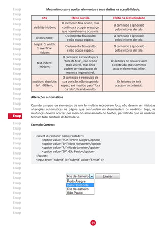 54
Mecanismos para ocultar elementos e seus efeitos na acessibilidade.
CSS Efeito na tela Efeito na acessibilidade
visibility:hidden;
O elemento fica oculto, mas
continua a ocupar o espaço
que normalmente ocuparia.
O conteúdo é ignorado
pelos leitores de tela.
display:none;
O elemento fica oculto
e não ocupa espaço.
O conteúdo é ignorado
pelos leitores de tela.
height: 0; width:
0; overflow:
hidden;
O elemento fica oculto
e não ocupa espaço.
O conteúdo é ignorado
pelos leitores de tela.
text-indent:
-999em;
O conteúdo é movido para
"fora da tela", não sendo
mais visível, mas links
podem ser focalizados de
maneira imprevisível.
Os leitores de tela acessam
o conteúdo, mas somente
texto e elementos inline.
position: absolute;
left: -999em;
O conteúdo é removido de
sua posição, não ocupando
espaço e é movido para "fora
da tela", ficando oculto.
Os leitores de tela
acessam o conteúdo.
Alterações automáticas
Quando campos ou elementos de um formulário receberem foco, não devem ser iniciadas
alterações automáticas na página que confundam ou desorientem os usuários. Logo, as
mudanças devem ocorrer por meio do acionamento de botões, permitindo que os usuários
tenham total controle do formulário.
Exemplo Correto:
<select id="cidade" name="cidade">
	 <option value="POA">Porto Alegre</option>
	 <option value="BH">Belo Horizonte</option>
	 <option value="RJ">Rio de Janeiro</option>
	 <option value="SP">São Paulo</option>
</select>
<input type="submit" id="submit" value="Enviar" />
 