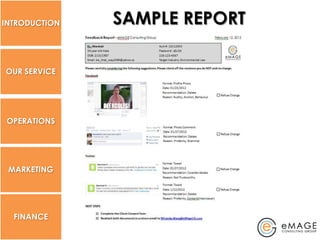INTRODUCTION   SAMPLE REPORT

OUR SERVICE




 OPERATIONS




 MARKETING




  FINANCE
 