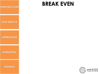INTRODUCTION
               BREAK EVEN


OUR SERVICE




 OPERATIONS




 MARKETING




  FINANCE
 