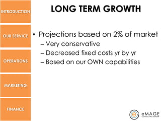 INTRODUCTION        LONG TERM GROWTH

OUR SERVICE    • Projections based on 2% of market
                 – Very conservative
                 – Decreased fixed costs yr by yr
 OPERATIONS      – Based on our OWN capabilities


 MARKETING




  FINANCE
 