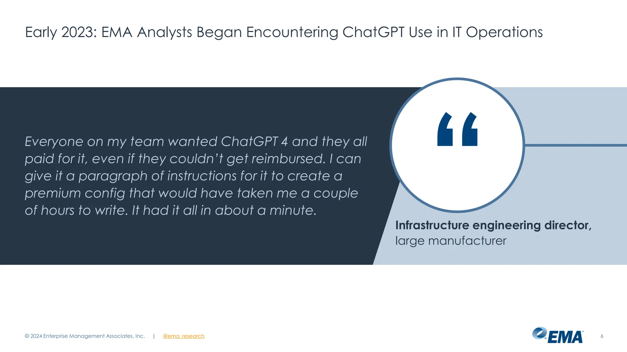 @ema_research
| @ema_research
“
@ema_research
| @ema_research
Early 2023: EMA Analysts Began Encountering ChatGPT Use in IT Operations
© 2024 Enterprise Management Associates, Inc. 6
Everyone on my team wanted ChatGPT 4 and they all
paid for it, even if they couldn’t get reimbursed. I can
give it a paragraph of instructions for it to create a
premium config that would have taken me a couple
of hours to write. It had it all in about a minute.
Infrastructure engineering director,
large manufacturer
 