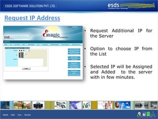 Request IP Address
                     • Request Additional IP for
                       the Server

                     • Option to choose IP from
                       the List

                     • Selected IP will be Assigned
                       and Added to the server
                       with in few minutes.
 