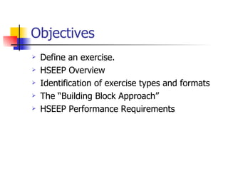 Objectives Define an exercise. HSEEP Overview Identification of exercise types and formats The “Building Block Approach” HSEEP Performance Requirements 