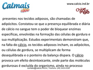 www.calcio.ind.br

presentes nos tecidos adiposos, são chamadas de
adipócitos. Constatou-se que a presença equilibrada e diária
de cálcio no sangue tem o poder de bloquear enzimas
específicas, envolvidas na formação das células de gordura e
sua multiplicação. Estudos experimentais demonstram que,
na falta do cálcio, os tecidos adiposos incham, os adipócitos,
ou células de gordura, se multiplicam de forma
desequilibrada e o ponteiro da balança dispara. O cálcio
provoca um efeito desintoxicante, onde parte das moléculas
gordurosas é excluída do organismo, ainda no processo
contato@calcio.ind.br / Telefone: (49) 3433.0100

 