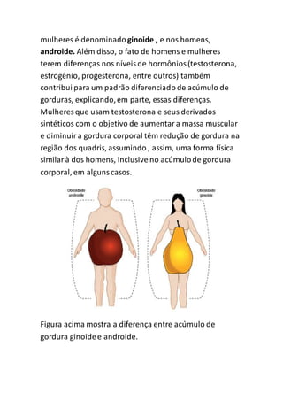 mulheres é denominado ginoide , e nos homens,
androide. Além disso, o fato de homens e mulheres
terem diferenças nos níveisde hormônios(testosterona,
estrogênio, progesterona, entre outros) também
contribui para um padrão diferenciadode acúmulo de
gorduras, explicando,em parte, essas diferenças.
Mulheres que usam testosterona e seus derivados
sintéticos com o objetivo de aumentara massa muscular
e diminuira gordura corporal têm redução de gordura na
região dos quadris, assumindo , assim, uma forma física
similarà dos homens, inclusive no acúmulode gordura
corporal, em algunscasos.
Figura acima mostra a diferença entre acúmulo de
gordura ginoidee androide.
 