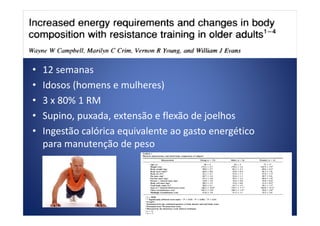 • 12 semanas
• Idosos (homens e mulheres)
• 3 x 80% 1 RM
• Supino, puxada, extensão e flexão de joelhos• Supino, puxada, extensão e flexão de joelhos
• Ingestão calórica equivalente ao gasto energético
para manutenção de peso
 