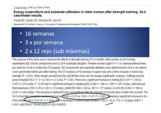 • 16 semanas
• 3 x por semana
• 2 x 12 reps (sub máximas)
 