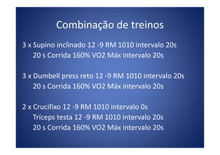 Combinação de treinos
3 x Supino inclinado 12 -9 RM 1010 intervalo 20s
20 s Corrida 160% VO2 Máx intervalo 20s
3 x Dumbell press reto 12 -9 RM 1010 intervalo 20s3 x Dumbell press reto 12 -9 RM 1010 intervalo 20s
20 s Corrida 160% VO2 Máx intervalo 20s
2 x Crucifixo 12 -9 RM 1010 intervalo 0s
Tríceps testa 12 -9 RM 1010 intervalo 20s
20 s Corrida 160% VO2 Máx intervalo 20s
 