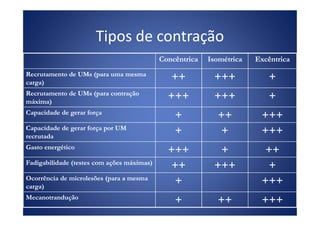 Tipos de contração
ConcêntricaConcêntrica IsométricaIsométrica ExcêntricaExcêntrica
Recrutamento deRecrutamento de UMsUMs (para uma mesma(para uma mesma
carga)carga)
++++ ++++++ ++
Recrutamento deRecrutamento de UMsUMs (para contração(para contração
máxima)máxima)
++++++ ++++++ ++
Capacidade de gerar forçaCapacidade de gerar força
++ ++++ ++++++Capacidade de gerar forçaCapacidade de gerar força
++ ++++ ++++++
Capacidade de gerar força por UMCapacidade de gerar força por UM
recrutadarecrutada
++ ++ ++++++
Gasto energéticoGasto energético
++++++ ++ ++++
Fadigabilidade (testes com ações máximas)Fadigabilidade (testes com ações máximas)
++++ ++++++ ++
Ocorrência de microlesões (para a mesmaOcorrência de microlesões (para a mesma
carga)carga)
++ ++++++
MecanotranduçãoMecanotrandução
++ ++++ ++++++
 