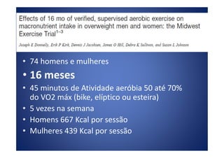 • 74 homens e mulheres
• 16 meses• 16 meses
• 45 minutos de Atividade aeróbia 50 até 70%
do VO2 máx (bike, elíptico ou esteira)
• 5 vezes na semana
• Homens 667 Kcal por sessão
• Mulheres 439 Kcal por sessão
 