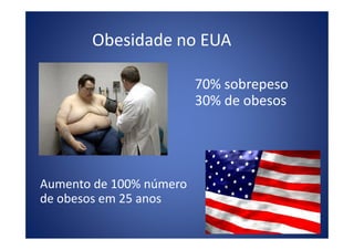 Obesidade no EUA
• 70% sobrepeso
• 30% de obesos
•
Aumento de 100% número
de obesos em 25 anos
 