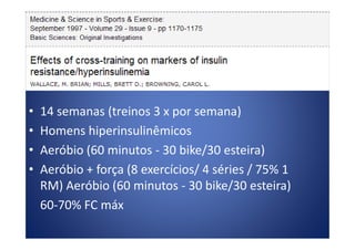 • 14 semanas (treinos 3 x por semana)
• Homens hiperinsulinêmicos• Homens hiperinsulinêmicos
• Aeróbio (60 minutos - 30 bike/30 esteira)
• Aeróbio + força (8 exercícios/ 4 séries / 75% 1
RM) Aeróbio (60 minutos - 30 bike/30 esteira)
60-70% FC máx
 