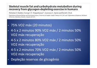 • 75% VO2 máx (20 minutos)
• 4-5 x 2 minutos 90% VO2 máx / 2 minutos 50%
VO2 máx recuperaçãoVO2 máx recuperação
• 4-5 x 2 minutos 80% VO2 máx / 2 minutos 50%
VO2 máx recuperação
• 4-5 x 2 minutos 70% VO2 máx / 2 minutos 50%
VO2 máx recuperação
• Depleção reservas de glicogênio
 