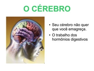 O CÉREBRO
● Seu cérebro não quer
que você emagreça.
● O trabalho dos
hormônios digestivos
