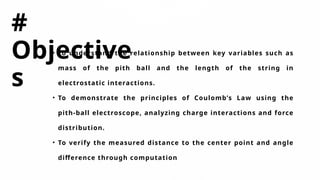 #
Objective
s
• To understand the relationship between key variables such as
mass of the pith ball and the length of the string in
electrostatic interactions.
• To demonstrate the principles of Coulomb’s Law using the
pith-ball electroscope, analyzing charge interactions and force
distribution.
• To verify the measured distance to the center point and angle
difference through computation
 