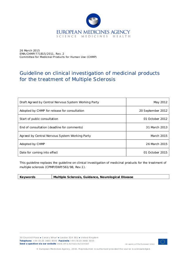 EMA Guideline investigation medicinal products for Multiple Sclerosis…