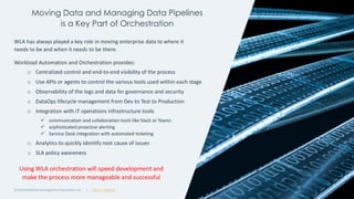 | @ema_research
| @ema_research
Moving Data and Managing Data Pipelines
is a Key Part of Orchestration
© 2024 Enterprise Management Associates, Inc. 15
WLA has always played a key role in moving enterprise data to where it
needs to be and when it needs to be there.
Workload Automation and Orchestration provides:
o Centralized control and end-to-end visibility of the process
o Use APIs or agents to control the various tools used within each stage
o Observability of the logs and data for governance and security
o DataOps lifecycle management from Dev to Test to Production
o Integration with IT operations infrastructure tools
✓ communication and collaboration tools like Slack or Teams
✓ sophisticated proactive alerting
✓ Service Desk integration with automated ticketing
o Analytics to quickly identify root cause of issues
o SLA policy awareness
Using WLA orchestration will speed development and
make the process more manageable and successful
 