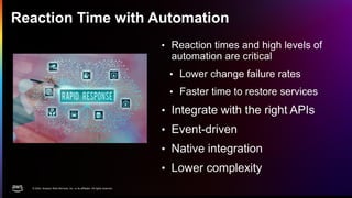 © 2024, Amazon Web Services, Inc. or its affiliates. All rights reserved.
Reaction Time with Automation
• Reaction times and high levels of
automation are critical
• Lower change failure rates
• Faster time to restore services
• Integrate with the right APIs
• Event-driven
• Native integration
• Lower complexity
 