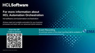 Copyright © 2024 HCL Software Limited | Confidential
For more information about
HCL Automation Orchestration
hcl-software.com/automation-orchestration
Scan this QR
Code to connect
Achieve rapid and scalable automation for your business
processes and tasks with our advanced hybrid solutions.
Event Recording
An archived version of the event recording will be available at
www.enterprisemanagement.com
 