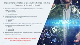 | @ema_research
| @ema_research
Digital Transformation is Closely Intertwined with the
Enterprise Automation Trend
© 2023 Enterprise Management Associates, Inc. 8
➢ Digital transformation involves leveraging digital technologies to fundamentally
change and improve:
o Business operations
o Customer experiences
o Even business models
➢ Cloud computing serves as a foundational element for many digital
transformation initiatives, providing:
o Infrastructure
o Resources
o Services
➢ Mainframe Modernization is often addressed as part of digital transformation
to update and transform legacy mainframe systems by:
o Rehosting
o Refactoring
o Replatforming
o Rearchitecting
➢ Automation helps enterprises adapt, innovate, and thrive in an increasingly
digital and competitive landscape
EMA Research shows 97% of enterprises are actively
working on digital transformation
 