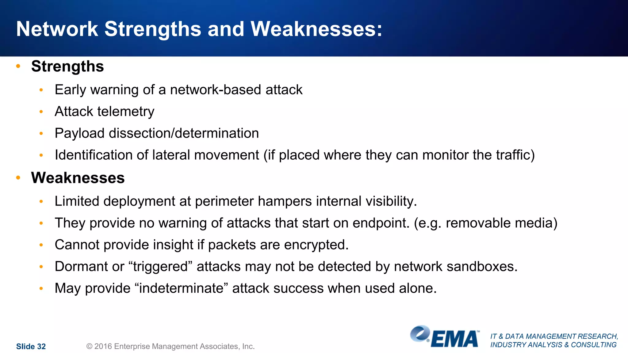 IT & DATA MANAGEMENT RESEARCH,
INDUSTRY ANALYSIS & CONSULTING
Network Strengths and Weaknesses:
• Strengths
• Early warning of a network-based attack
• Attack telemetry
• Payload dissection/determination
• Identification of lateral movement (if placed where they can monitor the traffic)
• Weaknesses
• Limited deployment at perimeter hampers internal visibility.
• They provide no warning of attacks that start on endpoint. (e.g. removable media)
• Cannot provide insight if packets are encrypted.
• Dormant or “triggered” attacks may not be detected by network sandboxes.
• May provide “indeterminate” attack success when used alone.
Slide 32 © 2016 Enterprise Management Associates, Inc.
 