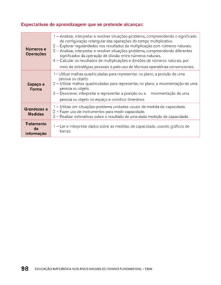 Expectativas de aprendizagem que se pretende alcançar: 
Números e 
Operações 
1 – Analisar, interpretar e resolver situações-problema, compreendendo o significado 
de configuração retangular das operações do campo multiplicativo. 
2 – Explorar regularidades nos resultados da multiplicação com números naturais. 
3 – Analisar, interpretar e resolver situações-problema, compreendendo diferentes 
significados da operação de divisão entre números naturais. 
4 – Calcular os resultados de multiplicações e divisões de números naturais, por 
meio de estratégias pessoais e pelo uso de técnicas operatórias convencionais. 
Espaço e 
Forma 
1– Utilizar malhas quadriculadas para representar, no plano, a posição de uma 
pessoa ou objeto. 
2 – Utilizar malhas quadriculadas para representar, no plano, a movimentação de uma 
pessoa ou objeto. 
3 – Descrever, interpretar e representar a posição ou a movimentação de uma 
pessoa ou objeto no espaço e construir itinerários. 
Grandezas e 
Medidas 
1 – Utilizar em situações-problema unidades usuais de medida de capacidade. 
2 – Fazer uso de instrumentos para medir capacidade. 
3 – Realizar estimativas sobre o resultado de uma dada medição de capacidade. 
Tratamento 
da 
Informação 
1 – Ler e interpretar dados sobre as medidas de capacidade, usando gráficos de 
barras. 
98 acdeouãç aaceimmttá nos anos aciiiins do einnos aadeflmnntu – EMAI 
 