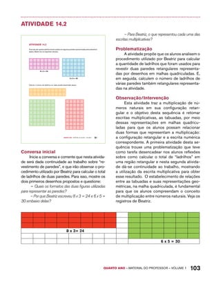 QUARTO ano – aaeilmrt do Pefoorrss – VOLUME 1 103 
Atividade 14.2 
Quarto ano – MATERIAL DO ALUNO – VOLUME 1 91 
AtiVidAdE 14.2 
Para calcular quantos ladrilhos foram usados em algumas paredes representadas pelos desenhos 
abaixo, Beatriz fez os seguintes cálculos: 
8 x 3 = 24 
6 x 5 = 30 
Calcule o número de ladrilhos em cada parede desenhada abaixo: 
Conversa inicial 
Inicie a conversa e comente que nesta ativida-de 
será dada continuidade ao trabalho sobre “re-vestimento 
de paredes”, e que irão observar o pro-cedimento 
utilizado por Beatriz para calcular o total 
de ladrilhos de duas paredes. Para isso, mostre os 
dois primeiros desenhos propostos e questione: 
– Quais os formatos das duas figuras utilizadas 
para representar as paredes? 
– Por que Beatriz escreveu 8 x 3 = 24 e 6 x 5 = 
30 embaixo delas? 
– Para Beatriz, o que representou cada uma das 
escritas multiplicativas? 
Problematização 
A atividade propõe que os alunos analisem o 
procedimento utilizado por Beatriz para calcular 
a quantidade de ladrilhos que foram usados para 
revestir duas paredes retangulares representa-das 
por desenhos em malhas quadriculadas. E, 
em seguida, calculem o número de ladrilhos de 
várias paredes também retangulares representa-das 
na atividade. 
Observação/Intervenção 
Esta atividade traz a multiplicação de nú-meros 
naturais em sua configuração retan-gular 
e o objetivo desta sequência é retomar 
escritas multiplicativas, as tabuadas, por meio 
dessas representações em malhas quadricu-ladas 
para que os alunos possam relacionar 
duas formas que representam a multiplicação: 
a configuração retangular e a escrita numérica 
correspondente. A primeira atividade desta se-quência 
trouxe uma problematização que teve 
como tarefa desencadear nos alunos reflexões 
sobre como calcular o total de “ladrilhos” em 
uma região retangular e nesta segunda ativida-de 
dá-se continuidade ao trabalho, mostrando 
a utilização da escrita multiplicativa para obter 
esse resultado. O estabelecimento de relações 
entre as tabuadas e suas representações geo-métricas, 
na malha quadriculada, é fundamental 
para que os alunos compreendam o conceito 
de multiplicação entre números naturais. Veja os 
registros de Beatriz. 
8 x 3= 24 
6 x 5 = 30 
 