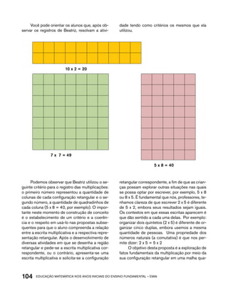 Você pode orientar os alunos que, após ob-servar 
os registros de Beatriz, resolvam a ativi-dade 
tendo como critérios os mesmos que ela 
utilizou. 
10 x 2 = 20 
7 x 7 = 49 
5 x 8 = 40 
Podemos observar que Beatriz utilizou o se-guinte 
critério para o registro das multiplicações: 
o primeiro número representou a quantidade de 
colunas de cada configuração retangular e o se-gundo 
número, a quantidade de quadradinhos de 
cada coluna (5 x 8 = 40, por exemplo). O impor-tante 
neste momento de construção de conceito 
é o estabelecimento de um critério e a coerên-cia 
e o respeito em usá-lo nas propostas subse-quentes 
para que o aluno compreenda a relação 
entre a escrita multiplicativa e a respectiva repre-sentação 
retangular. Após o desenvolvimento de 
diversas atividades em que se desenha a região 
retangular e pede-se a escrita multiplicativa cor-respondente, 
ou o contrário, apresenta-se uma 
escrita multiplicativa e solicita-se a configuração 
retangular correspondente, a fim de que as crian-ças 
possam explorar outras situações nas quais 
se possa optar por escrever, por exemplo, 5 x 8 
ou 8 x 5. É fundamental que nós, professores, te-nhamos 
clareza de que escrever 2 x 5 é diferente 
de 5 x 2, embora seus resultados sejam iguais. 
Os contextos em que essas escritas aparecem é 
que dão sentido a cada uma delas. Por exemplo: 
organizar dois quintetos (2 x 5) é diferente de or-ganizar 
cinco duplas, embora usemos a mesma 
quantidade de pessoas. Uma propriedade dos 
números naturais (a comutativa) é que nos per-mite 
dizer: 2 x 5 = 5 x 2 
O objetivo desta proposta é a exploração de 
fatos fundamentais da multiplicação por meio da 
sua configuração retangular em uma malha qua- 
104acdeouãç aaceimmttá nos anos aciiiins do einnos aadeflmnntu – EMAI 
 
