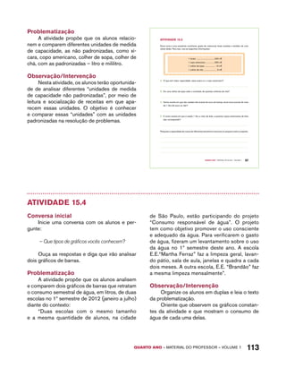 QUARTO ano – aaeilmrt do Pefoorrss – VOLUME 1 113 
Problematização 
A atividade propõe que os alunos relacio-nem 
e comparem diferentes unidades de medida 
de capacidade, as não padronizadas, como xí-cara, 
copo americano, colher de sopa, colher de 
chá, com as padronizadas – litro e mililitro. 
Observação/Intervenção 
Nesta atividade, os alunos terão oportunida-de 
de analisar diferentes “unidades de medida 
de capacidade não padronizadas”, por meio de 
leitura e socialização de receitas em que apa-recem 
essas unidades. O objetivo é conhecer 
e comparar essas “unidades” com as unidades 
padronizadas na resolução de problemas. 
Quarto ano – MATERIAL DO ALUNO – VOLUME 1 97 
AtiVidAdE 15.3 
Dona Lena é uma excelente cozinheira, gosta de colecionar boas receitas e também de criar 
várias delas. Para isso, usa as seguintes informações: 
1 xícara ....................................240 m l 
1 copo americano .................250 m l 
1 colher de sopa .................... 15 m l 
1 colher de chá .......................... 5 m l 
A. O que tem maior capacidade: essa xícara ou o copo americano? 
B. Em uma colher de sopa cabe o conteúdo de quantas colheres de chá? 
C. Numa receita em que são usadas três xícaras de suco de laranja, dona Lena precisa de mais 
de 1 litro de suco ou não? 
D. E numa receita em que é usado 1 litro e meio de leite, a quantos copos americanos de leite 
isso corresponde? 
Pesquise a capacidade de copos de diferentes tamanhos e escreva um pequeno texto a respeito. 
Atividade 15.4 
Conversa inicial 
Inicie uma conversa com os alunos e per-gunte: 
– Que tipos de gráficos vocês conhecem? 
Ouça as respostas e diga que irão analisar 
dois gráficos de barras. 
Problematização 
A atividade propõe que os alunos analisem 
e comparem dois gráficos de barras que retratam 
o consumo semestral de água, em litros, de duas 
escolas no 1º semestre de 2012 (janeiro a julho) 
diante do contexto: 
“Duas escolas com o mesmo tamanho 
e a mesma quantidade de alunos, na cidade 
de São Paulo, estão participando do projeto 
“Consumo responsável de água”. O projeto 
tem como objetivo promover o uso consciente 
e adequado da água. Para verificarem o gasto 
de água, fizeram um levantamento sobre o uso 
da água no 1º semestre deste ano. A escola 
E.E.“Martha Ferraz” faz a limpeza geral, lavan-do 
pátio, sala de aula, janelas e quadra a cada 
dois meses. A outra escola, E.E. “Brandão” faz 
a mesma limpeza mensalmente”. 
Observação/Intervenção 
Organize os alunos em duplas e leia o texto 
da problematização. 
Oriente que observem os gráficos constan-tes 
da atividade e que mostram o consumo de 
água de cada uma delas. 
 