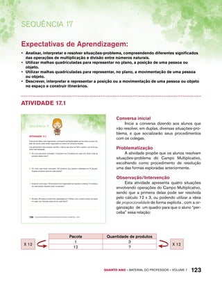 QUARTO ano – aaeilmrt do Pefoorrss – VOLUME 1 123 
Sequência 17 
Expectativas de Aprendizagem: 
• Analisar, interpretar e resolver situações-problema, compreendendo diferentes significados 
das operações de multiplicação e divisão entre números naturais. 
• Utilizar malhas quadriculadas para representar no plano, a posição de uma pessoa ou 
objeto. 
• Utilizar malhas quadriculadas para representar, no plano, a movimentação de uma pessoa 
ou objeto. 
• Descrever, interpretar e representar a posição ou a movimentação de uma pessoa ou objeto 
no espaço e construir itinerários. 
Atividade 17.1 
SEQuÊNCIa 17 
AtiVidAdE 17.1 
A Escola de Pedro está organizando a Campanha da Solidariedade que faz todos os anos. No 
pátio da escola, estão sendo organizadas as caixas com alimentos doados. 
Leia atentamente cada situação, escolha o cálculo que deve ser feito e realize-o da forma que 
achar mais adequada. 
A. Em uma caixa foram colocados 12 pacotes com 3 produtos em cada uma. Qual o total de 
produtos dessa caixa? 
B. Em outra caixa foram colocados 120 produtos, que estavam embalados em 8 pacotes. 
Quantos produtos havia em cada pacote? 
C. Ainda em outra caixa, 132 produtos foram organizados em pacotes, contendo 12 produtos 
em cada pacote. Quantos foram os pacotes? 
D. No pátio, 56 caixas no total foram organizadas em 7 fileiras, com o mesmo número de caixas 
em cada uma. Quantas caixas há em cada fileira? 
106 EDUCAÇÃO MATEMÁTICA NOS ANOS INICIAIS DO ENSINO FUNDAMENTAL – EMAI 
Conversa inicial 
Inicie a conversa dizendo aos alunos que 
irão resolver, em duplas, diversas situações-pro-blema, 
e que socializarão seus procedimentos 
com os colegas. 
Problematização 
A atividade propõe que os alunos resolvam 
situações-problema do Campo Multiplicativo, 
escolhendo como procedimento de resolução 
uma das formas exploradas anteriormente. 
Observação/Intervenção 
Esta atividade apresenta quatro situações 
envolvendo operações do Campo Multiplicativo, 
sendo que a primeira delas pode ser resolvida 
pelo cálculo 12 x 3, ou podendo utilizar a ideia 
de proporcionalidade de forma explícita , com a or-ganização 
de um quadro para que o aluno “per-ceba” 
essa relação: 
Pacote Quantidade de produtos 
X 12 
1 3 
X 12 
12 ? 
 