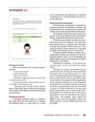 QUARTO ano – aaeilmrt do Pefoorrss – VOLUME 1 31 
Atividade 4.3 
AtiVidAdE 4.3 
Os amigos Giovani, Gustavo e Soraia – conversando durante o intervalo na escola – descobriram 
que fazem aniversário no mesmo dia do mês. Perceberam, ainda, que Gustavo e Soraia não têm 
a mesma idade e que ele é um ano mais velho que ela. Como Soraia nasceu no dia 12/06/2004, 
qual a data de nascimento de Gustavo? 
Giovani nasceu três meses depois de Soraia. Em que mês Giovani nasceu? 
Faça um levantamento do número de alunos de sua turma que fazem aniversário no primeiro 
trimestre do ano e registre no quadro: 
Mês Número de Alunos 
Janeiro 
Fevereiro 
Março 
26 EDUCAÇÃO MATEMÁTICA NOS ANOS INICIAIS DO ENSINO FUNDAMENTAL – EMAI 
Conversa inicial 
Inicie uma conversa com os alunos e ques-tione- 
os: 
– Quem tem 8 anos? 
– Quem tem 9 anos? 
– Quem tem 10 anos? 
– Tem algum colega que nasceu no mesmo mês 
e mesmo ano que você? 
– Dos alunos que têm a mesma idade, quem é o 
mais velho? – Como verificar isso? 
Comente que na aula iremos verificar 
quem é mais velho, quem é mais novo, de acordo 
com a análise das datas de nascimento de cada 
um dos alunos. 
Problematização 
A atividade proposta explora a compara-ção 
entre datas de nascimento com o objetivo 
de identificar quem é o mais velho, ou o mais 
novo, comparando, principalmente, os nascidos 
no mesmo ano, ou na mesma data, mas com um 
ano de diferença. 
Observação/Intervenção 
Primeiramente, acompanhe a resolução do 
problema proposto na atividade e verifique que 
procedimentos são utilizados pelos alunos para 
verificar qual a data de nascimento de Gustavo. 
Em seguida, solicite que alguns alunos es-crevam 
na lousa as datas de seus nascimentos. 
Peça a colaboração dos demais nessa tarefa. 
Proponha que analisem as datas de nasci-mento 
de alunos que nasceram no mesmo ano 
para decidir quem é a criança mais velha des-se 
grupo. Por exemplo: Pedro nasceu em 14 de 
março de 2004 e Jonas nasceu em 13 de maio 
de 2004, como decidir quem é o mais velho? 
Proponha, depois, também a análise de si-tuações 
das crianças que nasceram em anos di-ferentes: 
Mariana nasceu em 2 de dezembro de 
2003 e Beatriz nasceu em 9 de janeiro de 2004. 
Qual delas é mais velha? 
Questione as crianças: – Como decidir nes-ses 
casos quem é o aluno mais velho? Que critérios 
utilizar? 
Verifique se surgem comentários de que 
no primeiro caso, em que os alunos nasceram 
no mesmo ano, o que define quem é o mais 
velho é o mês de nascimento. Se tivessem nas-cido 
no mesmo ano e mês, o que define quem 
é mais velho é o dia desse mês de nascimento. 
Se as crianças nasceram em anos diferentes, 
o que define é o ano. Mas é preciso verificar se 
os alunos compreenderam que ser mais velho 
é nascer em anos anteriores ao do que está 
sendo comparado e que o número que repre-senta 
esse ano é menor do que o número que 
representa o ano de nascimento da criança 
mais jovem. Por exemplo, quem nasceu em 
2003 é mais velho do que quem nasceu em 
2005, embora o número 2003 seja menor do 
que 2005. 
 