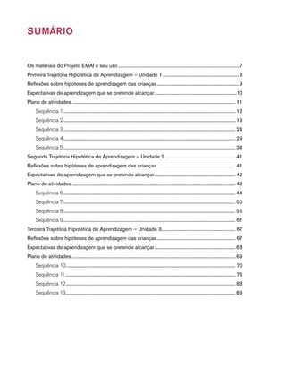 Sumário 
Os materiais do Projeto EMAI e seu uso.....................................................................................................7 
Primeira Trajetória Hipotética de Aprendizagem – Unidade 1................................................................9 
Reflexões sobre hipóteses de aprendizagem das crianças.....................................................................9 
Expectativas de aprendizagem que se pretende alcançar.....................................................................10 
Plano de atividades........................................................................................................................................ 11 
Sequência 1............................................................................................................................................... 12 
Sequência 2............................................................................................................................................... 19 
Sequência 3............................................................................................................................................... 24 
Sequência 4............................................................................................................................................... 29 
Sequência 5............................................................................................................................................... 34 
Segunda Trajetória Hipotética de Aprendizagem – Unidade 2........................................................... 41 
Reflexões sobre hipóteses de aprendizagem das crianças.................................................................. 41 
Expectativas de aprendizagem que se pretende alcançar.................................................................... 42 
Plano de atividades........................................................................................................................................ 43 
Sequência 6............................................................................................................................................... 44 
Sequência 7............................................................................................................................................... 50 
Sequência 8............................................................................................................................................... 56 
Sequência 9............................................................................................................................................... 61 
Terceira Trajetória Hipotética de Aprendizagem – Unidade 3.............................................................. 67 
Reflexões sobre hipóteses de aprendizagem das crianças.................................................................. 67 
Expectativas de aprendizagem que se pretende alcançar.................................................................... 68 
Plano de atividades........................................................................................................................................ 69 
Sequência 10............................................................................................................................................. 70 
Sequência 11............................................................................................................................................. 76 
Sequência 12............................................................................................................................................. 83 
Sequência 13............................................................................................................................................. 89 
 