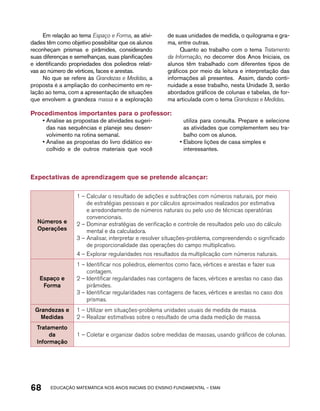 Em relação ao tema Espaço e Forma, as ativi-dades 
têm como objetivo possibilitar que os alunos 
reconheçam prismas e pirâmides, considerando 
suas diferenças e semelhanças, suas planificações 
e identificando propriedades dos poliedros relati-vas 
ao número de vértices, faces e arestas. 
No que se refere às Grandezas e Medidas, a 
proposta é a ampliação do conhecimento em re-lação 
ao tema, com a apresentação de situações 
que envolvem a grandeza massa e a exploração 
de suas unidades de medida, o quilograma e gra-ma, 
entre outras. 
Quanto ao trabalho com o tema Tratamento 
da Informação, no decorrer dos Anos Iniciais, os 
alunos têm trabalhado com diferentes tipos de 
gráficos por meio da leitura e interpretação das 
informações ali presentes. Assim, dando conti-nuidade 
a esse trabalho, nesta Unidade 3, serão 
abordados gráficos de colunas e tabelas, de for-ma 
articulada com o tema Grandezas e Medidas. 
Procedimentos importantes para o professor: 
• Analise as propostas de atividades sugeri-das 
nas sequências e planeje seu desen-volvimento 
na rotina semanal. 
• Analise as propostas do livro didático es-colhido 
e de outros materiais que você 
utiliza para consulta. Prepare e selecione 
as atividades que complementem seu tra-balho 
com os alunos. 
• Elabore lições de casa simples e 
interessantes. 
Expectativas de aprendizagem que se pretende alcançar: 
Números e 
Operações 
1 – Calcular o resultado de adições e subtrações com números naturais, por meio 
de estratégias pessoais e por cálculos aproximados realizados por estimativa 
e arredondamento de números naturais ou pelo uso de técnicas operatórias 
convencionais. 
2 – Dominar estratégias de verificação e controle de resultados pelo uso do cálculo 
mental e da calculadora. 
3 – Analisar, interpretar e resolver situações-problema, compreendendo o significado 
de proporcionalidade das operações do campo multiplicativo. 
4 – Explorar regularidades nos resultados da multiplicação com números naturais. 
Espaço e 
Forma 
1 – Identificar nos poliedros, elementos como face, vértices e arestas e fazer sua 
contagem. 
2 – Identificar regularidades nas contagens de faces, vértices e arestas no caso das 
pirâmides. 
3 – Identificar regularidades nas contagens de faces, vértices e arestas no caso dos 
prismas. 
Grandezas e 
Medidas 
1 – Utilizar em situações-problema unidades usuais de medida de massa. 
2 – Realizar estimativas sobre o resultado de uma dada medição de massa. 
Tratamento 
da 
Informação 
1 – Coletar e organizar dados sobre medidas de massas, usando gráficos de colunas. 
68 acdeouãç aaceimmttá nos anos aciiiins do einnos aadeflmnntu – EMAI 
 