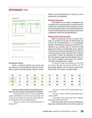 QUARTO ano – aaeilmrt do Pefoorrss – VOLUME 1 79 
Atividade 11.3 
AtiVidAdE 11.3 
Alice registrou em tabelas os arredondamentos feitos numa listagem de números. Observe o 
que ela já preencheu e complete os demais. 
NÚMERO 
NÚMERO 
ARREdONdAdO 
NÚMERO 
72 EDUCAÇÃO MATEMÁTICA NOS ANOS INICIAIS DO ENSINO FUNDAMENTAL – EMAI 
NÚMERO 
ARREdONdAdO 
23 20 19 20 
41 40 48 50 
133 130 156 160 
432 427 
571 579 
661 669 
991 987 
Escreva qual o critério utilizado por Alice. 
Na tira abaixo, pinte de amarelo os números que devem ser arredondados para 300, e de azul 
os que devem ser arredondados para 400. 
300 310 320 330 340 350 360 370 380 390 400 
O que acontece com o número 350? 
Conversa inicial 
Inicie a conversa dizendo aos alunos que 
irão observar os dois quadros propostos na ativi-dade 
e, após essa observação, o grupo compar-tilhará 
o que foi identificado em cada um e como 
poderão ser completados. 
Problematização 
A atividade tem um caráter investigativo, isto 
é, propõe que os alunos tentem verificar qual foi o 
critério para o preenchimento dos quadros, a partir 
da observação de cada número apresentado e do 
número arredondado para que possa preenchê-lo 
e identificar critérios de arredondamento. 
Observação/Intervenção 
Após a proposição de que os alunos ana-lisem 
os quadros em busca da identificação de 
critérios de arredondamento, é na socialização 
desses critérios pelas crianças que podemos es-tabelecer, 
por exemplo, que um número de dois 
algarismos pode ser arredondado para a dezena 
mais próxima, que isso pode ajudá-lo em cálculos 
mentais quando se quer adicionar dois números 
e perceber a ordem de grandeza do resultado. 
Se você observar algumas dificuldades dos alu-nos, 
pode completar a discussão com questio-namentos 
exemplificados a seguir: 
O número 73 está mais próximo de 70 ou 80? 
E o número 68, está mais próximo de 60 ou de 70? 
Você pode analisar com os alunos essas ques-tões, 
tendo como apoio o quadro abaixo: 
60 61 62 63 64 65 66 67 68 69 
70 71 72 73 74 75 76 77 78 79 
80 81 82 83 84 85 86 87 88 89 
90 91 92 93 94 95 96 97 98 99 
Outras questões poderão ser propostas em re-lação 
aos dois quadros apresentados na atividade: 
– Vocês perceberam que os números da primeira 
coluna são diferentes dos números da segunda colu-na? 
E que os números da segunda coluna estão sen-do 
chamados de números arredondados? 
– Por que o número 23 foi arredondado para o 
número 20? 
– Por que o número 48 foi arredondado para o 
número 50? 
– Por que o número 156 foi arredondado para o 
número 160? 
– Que regras vocês acham que foram utilizadas 
para esses arredondamentos? 
Uma forma para que os alunos identifiquem 
regras de arredondamento de números pode ser 
 