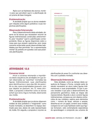 Após ouvir as hipóteses dos alunos, monte- 
-o para que percebam qual é a planificação de 
um prisma de base triangular. 
Problematização 
A atividade propõe que os alunos estabele-çam 
relações entre alguns poliedros e suas res-pectivas 
AtiVidAdE 12.4 
Relacione cada poliedro com sua planificação: 
Cubo 
Pirâmide de base triangular 
Prisma de base hexagonal 
Pirâmide de base quadrada 
Prisma de base triangular 
QUARTO ano – aaeilmrt do Pefoorrss – VOLUME 1 87 
planificações. 
Observação/Intervenção 
Para o desenvolvimento desta atividade, ob-serve 
se há alunos que necessitam recorrer às 
figuras tridimensionais construídas anteriormen-te, 
para “visualizar” qual é a planificação corres-pondente. 
Deixe as figuras disponíveis sobre a 
mesa para que possam explorá-las, pois nesse 
momento ainda estão sendo desenvolvidas habi-lidades 
que lhes permitirão “ter a representação 
mental” do poliedro em questão e de suas possí-veis 
planificações. 
78 EDUCAÇÃO MATEMÁTICA NOS ANOS INICIAIS DO ENSINO FUNDAMENTAL – EMAI 
Atividade 12.5 
Conversa inicial 
Inicie a conversa retomando a importân-cia 
desta sequência de atividades em que fo-ram 
observadas as “caixinhas” montadas (as 
figuras tridimensionais), suas planificações 
para identificarmos o que elas têm de pareci-do 
ou não, quais propriedades possuem, com 
que objetos se parecem, etc. E, nesta ativi-dade, 
a proposta é desenhar como os alunos 
acham que será a figura montada, observando 
seu molde. 
Problematização 
A atividade propõe que os alunos observem 
moldes de dois poliedros e “imaginando” como 
ficarão montados, os desenhem no espaço des-tinado 
para isso, abaixo de cada representação 
do molde. Em seguida, a proposta é recortar as 
planificações do anexo 5 e confrontar seu dese-nho 
com o poliedro montado. 
Observação/Intervenção 
Esta atividade, como as demais desta se-quência 
de Espaço e Forma, compõe parte do 
estudo necessário ao aluno sobre figuras tridi-mensionais 
e suas propriedades. O que é pre-ciso 
ressaltar é que para o desenvolvimento do 
pensamento geométrico, todas as etapas são 
imprescindíveis. Quando o aluno constrói figuras 
tridimensionais, compara-as com objetos conhe-cidos 
do seu cotidiano, explora seus elementos 
como – número de faces, vértices e arestas, 
desenha-as em um papel, constrói seus moldes, 
compara-os com suas hipóteses sobre que figu-ras 
formariam, está contemplando expectativas 
de aprendizagem e compondo seu universo de 
 
