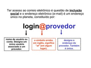 Ter acesso ao correio eletrônico é questão de  inclusão social  e o endereço eletrônico (e-mail) é um endereço único no planeta, constituído por: nome de usuário ou conta. Designa um único usuário associado a um provedor. o símbolo arroba, em inglês, significa " at " (em algum lugar). designa o endereço do provedor. Também é único. login @ provedor 