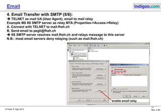 © Peter R. Egli 2015
17/35
Rev. 3.20
Email indigoo.com
4. Email Transfer with SMTP (4/5)
TELNET as simple mail UA (User Agent):
SMTP RFC821 uses NVT (Network Virtual Terminal). NVT is:
• A terminal that sends/receives ASCII characters (7bit chars).
• End-of-line is sent as <CR><LF> (carriage return, line feed) combination.
TELNET (RFC854) uses NVT too. Thus email can be sent with TELNET as user agent.
Sample SMTP session with TELNET (to incoming SMTP server of FHZH):
cmd>telnet mail.indigoo.com 25
S: 220 mail.indigoo.com ESMTP Sendmail 8.12.9+Sun/8.12.9; Tue, 2 Dec 2003 21:52:55 +0100 (CET)
C: HELO pegli
S: 250 mail.indigoo.com Hello dclient80-218-75-247.hispeed.ch [80.218.75.247], pleased to meet you
C: MAIL FROM: <someone@somewhere.com>
S: 250 2.1.0 someone@somewhere.com... Sender ok
C: RCPT TO: <pegli@fhzh.ch>
S: 250 2.1.5 pegli@fhzh.ch... Recipient ok
C: DATA
S: 354 Enter mail, end with "." on a line by itself
C: Subject: hello pegli
C:
C: good morning,
C:
C: this is a test message.
C:
C: und tschuess
C: .
S: 250 2.0.0 hB2KqtXI020827 Message accepted for delivery
How to find the IP address of a domain's email server:
Use nslookup, search for MX DNS record type of the domain.
 
