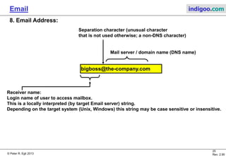 © Peter R. Egli 2015
25/35
Rev. 3.20
Email indigoo.com
8. Email Address
Email addresses identify the sender and receiver of mail messages.
bigboss@the-company.com
Receiver name:
Login name of user to access mailbox.
This is a locally interpreted (by target Email server) string.
Depending on the target system (Unix, Windows) this string may be case sensitive or insensitive.
Mail server / domain name (DNS name)
Separation character (unusual character
that is not used otherwise; a non-DNS character)
 