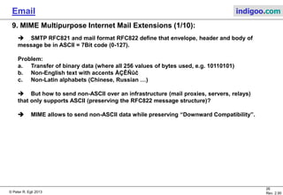 © Peter R. Egli 2015
26/35
Rev. 3.20
Email indigoo.com
9. MIME Multipurpose Internet Mail Extensions (1/10)
SMTP RFC821 and mail format RFC822 define that envelope, header and body of
message be in ASCII = 7Bit code (0-127).
Problem:
ASCII does not allow sending the following characters and alphabets:
a. Transfer of binary data (where all 256 values of bytes used, e.g. 10110101)
b. Non-English text with accents ÅÇÊÑûĉ
c. Non-Latin alphabets (Chinese, Russian …)
Mail infrastructure (mail proxies, servers, relays) often still supports only ASCII transfer.
Solution:
MIME allows sending non-ASCII data while preserving RFC822 message structure.
Thus MIME is downward compatible (ASCII-only mail infrastructure can be used).
 