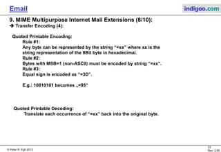 © Peter R. Egli 2015
33/35
Rev. 3.20
Email indigoo.com
9. MIME Multipurpose Internet Mail Extensions (8/10)
Transfer Encoding (4/4):
Quoted Printable Encoding:
Rule #1:
Any byte can be represented by the string “=xx” where xx is the
string representation of the 8Bit byte in hexadecimal.
Rule #2:
Bytes with MSB=1 (non-ASCII) must be encoded by string “=xx”.
Rule #3:
Equal sign is encoded as “=3D”.
E.g.: 10010101 becomes „=95“
Quoted Printable Decoding:
Translate each occurrence of “=xx” back into the original byte.
 