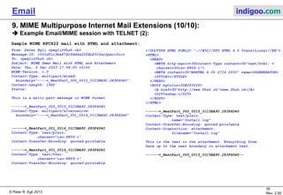 © Peter R. Egli 2015
35/35
Rev. 3.20
Email indigoo.com
9. MIME Multipurpose Internet Mail Extensions (10/10)
Example Email/MIME session with TELNET (2/2):
From: Peter Egli <pegli@fhzh.ch>
Message-ID: <001d01c3ba87$c9dd4a20$4b2010ac@pacific>
To: <pegli@fhzh.ch>
Subject: MIME Demo Mail with HTML and Attachment
Date: Thu, 4 Dec 2003 17:58:00 +0100
MIME-Version: 1.0
Content-Type: multipart/mixed;
boundary="----=_NextPart_000_0015_01C3BA90.283F4D40"
Content-Length: 1962
Status:
This is a multi-part message in MIME format.
------=_NextPart_000_0015_01C3BA90.283F4D40
Content-Type: multipart/alternative;
boundary="----=_NextPart_001_0016_01C3BA90.283F4D40"
------=_NextPart_001_0016_01C3BA90.283F4D40
Content-Type: text/plain;
charset="iso-8859-1"
Content-Transfer-Encoding: quoted-printable
------=_NextPart_001_0016_01C3BA90.283F4D40
Content-Type: text/html;
charset="iso-8859-1"
Content-Transfer-Encoding: quoted-printable
<!DOCTYPE HTML PUBLIC "-//W3C//DTD HTML 4.0 Transitional//EN">
<HTML>
<HEAD>
<META http-equiv=3DContent-Type content=3D"text/html; =
charset=3Diso-8859-1">
<META content=3D"MSHTML 6.00.2716.2200" name=3DGENERATOR>
<STYLE></STYLE>
</HEAD>
<BODY bgColor=3D#ffffff>
<A href=3D"http://www.fhzh.ch">www.fhzh.ch</A>
<DIV>&nbsp;</DIV>
</BODY>
</HTML>
------=_NextPart_000_0015_01C3BA90.283F4D40
Content-Type: text/plain;
name="Install.log"
Content-Transfer-Encoding: quoted-printable
Content-Disposition: attachment;
filename="Install.log"
This is the text in the attachment. Everything from
here up to the next boundary is attachment text.
------=_NextPart_000_0015_01C3BA90.283F4D40--
Sample MIME RFC822 mail with HTML and attachment:
 
