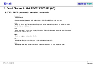 © Peter R. Egli 2015
5/35
Rev. 3.20
Email indigoo.com
HELO
Hello. Used to identify the sender to the receiver. This command must accompany the hostname of
the sending host. In the extended protocol (ESTMP), the command EHLO is used instead. See the
"Extended SMTP" section later in the chapter for more information.
MAIL
Initiates a mail transaction. Arguments include the "from" field or the sender of the mail.
RCPT
Identifies the recipient of the message.
DATA
Announces the beginning of the actual mail data (header and body of the message). The data can
contain any 128-bit ASCII code and is terminated with a single line containing a period (.).
RSET
Aborts (resets) the current transaction.
VRFY
Used to confirm a recipient user.
NOOP
This "no operation" command specifies no action.
QUIT
Closes the connection.
SEND
Lets the receiving host know that the message must be sent to another terminal.
1. Email Electronic Mail RFC821 / RFC822 (3/5)
RFC821 SMTP mandatory commands:
 