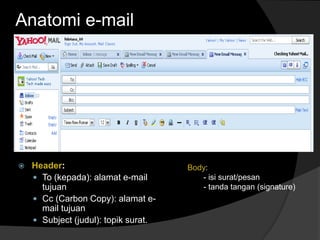 Anatomi e-mail
 Header:
 To (kepada): alamat e-mail
tujuan
 Cc (Carbon Copy): alamat e-
mail tujuan
 Subject (judul): topik surat.
Body:
- isi surat/pesan
- tanda tangan (signature)
 
