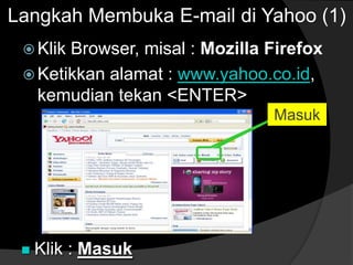  Klik Browser, misal : Mozilla Firefox
 Ketikkan alamat : www.yahoo.co.id,
kemudian tekan <ENTER>
Langkah Membuka E-mail di Yahoo (1)
 Klik : Masuk
Masuk
 